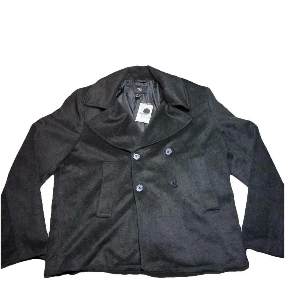 Mens Peacoat Jacket Large Black Double Breasted New With Tags Forever 21‎
